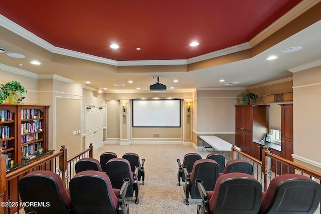 cinema room with a tray ceiling, recessed lighting, and light carpet