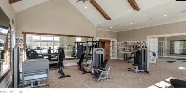 exercise room with high vaulted ceiling, light carpet, and ceiling fan