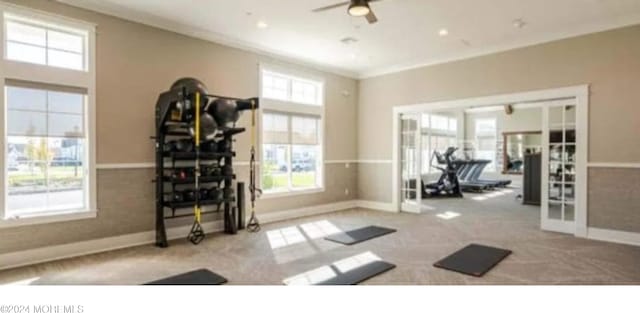 workout area with ceiling fan, a healthy amount of sunlight, french doors, and crown molding