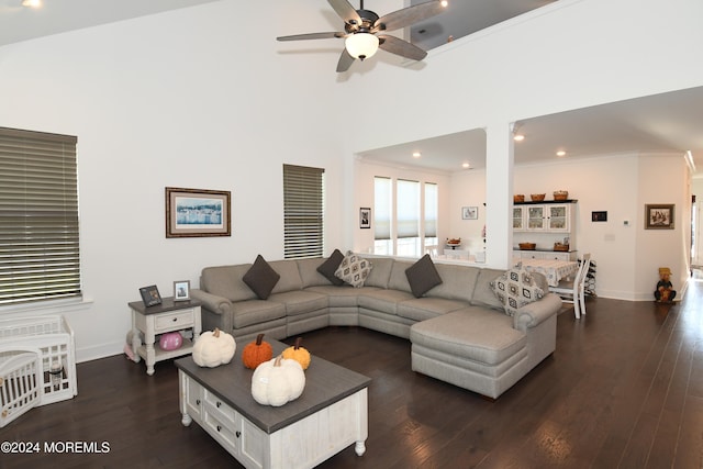 living room with ceiling fan, a towering ceiling, dark hardwood / wood-style floors, and crown molding