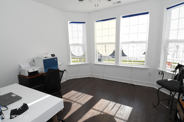 office space featuring dark hardwood / wood-style flooring, a wealth of natural light, and ceiling fan