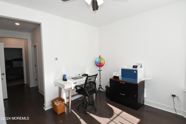 office space with dark wood-type flooring and ceiling fan