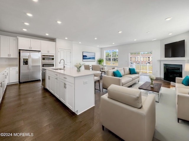 living room with dark hardwood / wood-style flooring and sink