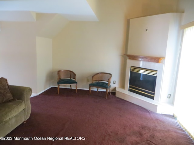 living area featuring carpet flooring and a glass covered fireplace