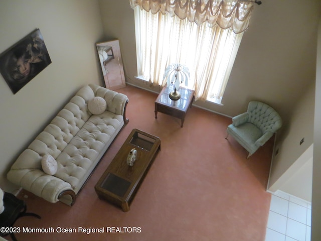 carpeted living room with a healthy amount of sunlight, baseboards, and tile patterned floors