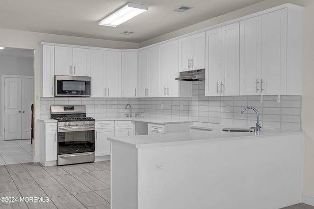 kitchen with backsplash, sink, white cabinetry, kitchen peninsula, and stainless steel appliances