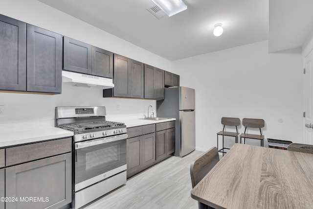 kitchen with sink, light wood-type flooring, and appliances with stainless steel finishes