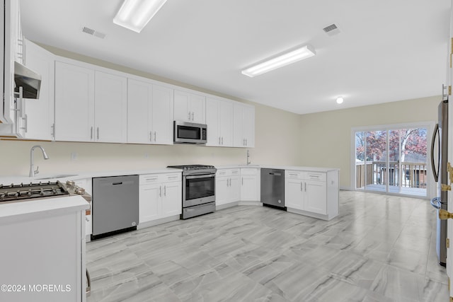 kitchen featuring sink, white cabinets, stainless steel appliances, and range hood