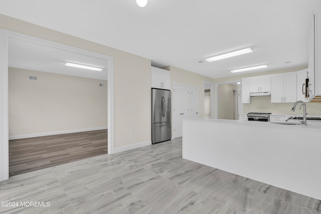 kitchen featuring white cabinets, sink, light hardwood / wood-style floors, kitchen peninsula, and stainless steel appliances