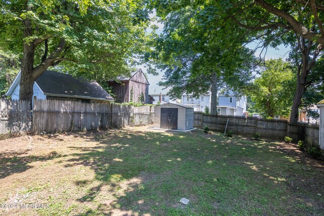 view of yard featuring a storage shed