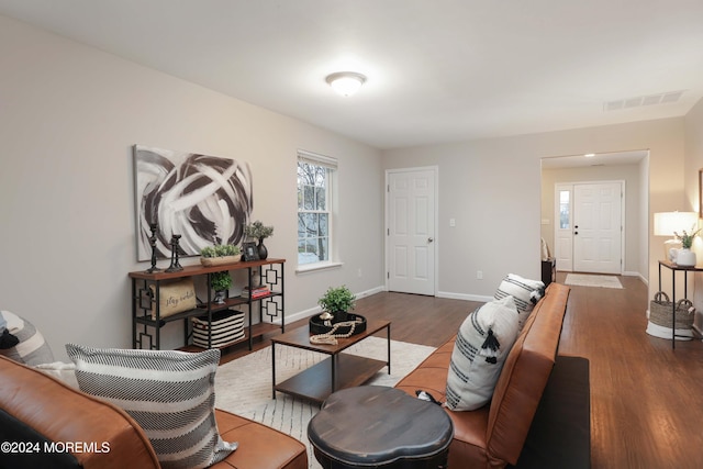 living room with dark hardwood / wood-style flooring