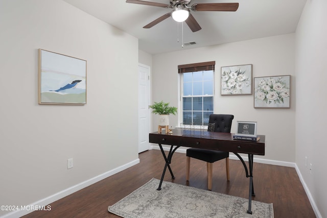 office space with ceiling fan and dark hardwood / wood-style floors