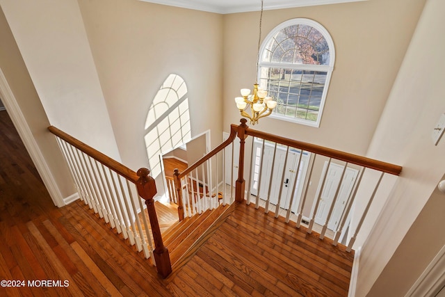 stairs with wood-type flooring, an inviting chandelier, and crown molding