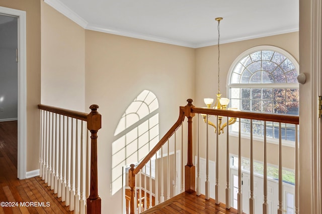 stairway featuring hardwood / wood-style floors, ornamental molding, and a chandelier