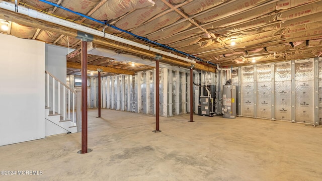 basement with heating unit and water heater