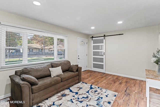 living room with a barn door and wood-type flooring