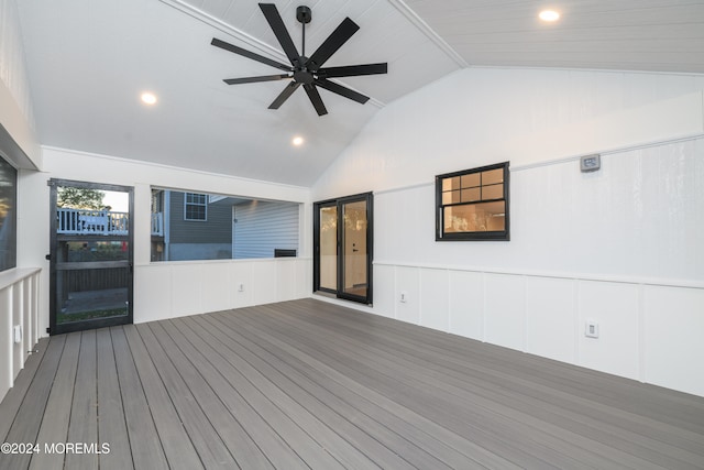 wooden deck featuring ceiling fan