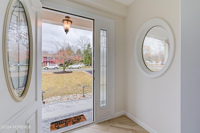 foyer entrance with a wealth of natural light and light hardwood / wood-style flooring