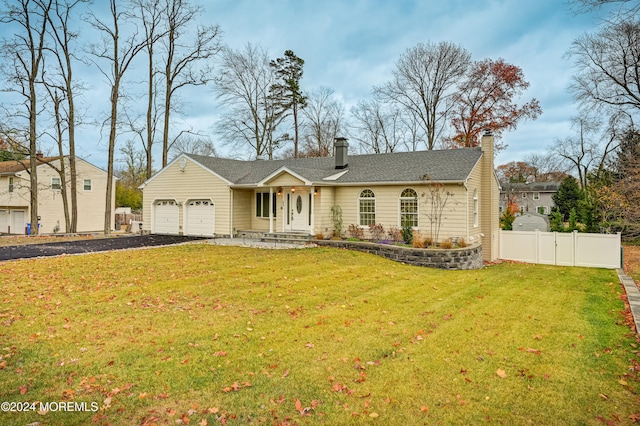 ranch-style house with a garage and a front lawn