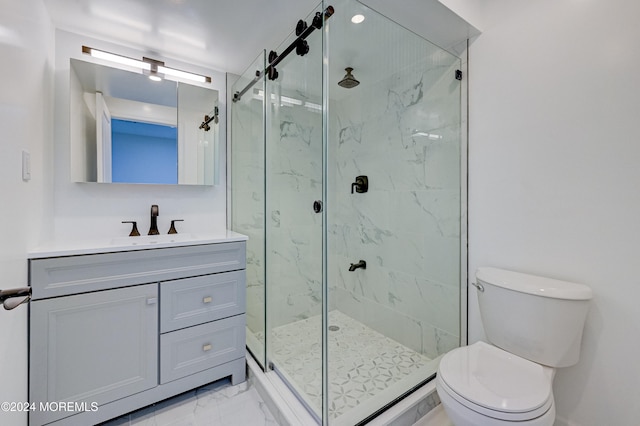 bathroom featuring vanity, toilet, and walk in shower