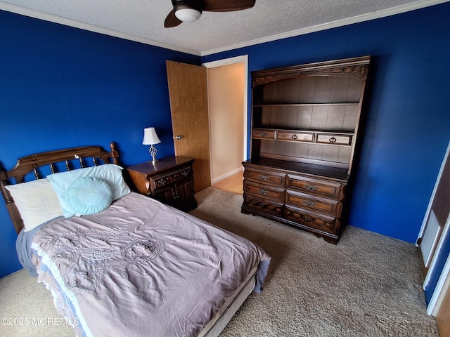 32 Village Rd, Morganville, NJ 07751 - bedroom with crown molding, a textured ceiling, carpet flooring, and a ceiling fan
