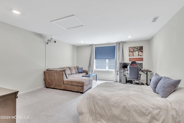 bedroom featuring recessed lighting, carpet flooring, attic access, and baseboards