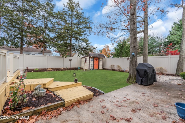 view of yard with a wooden deck and a storage unit