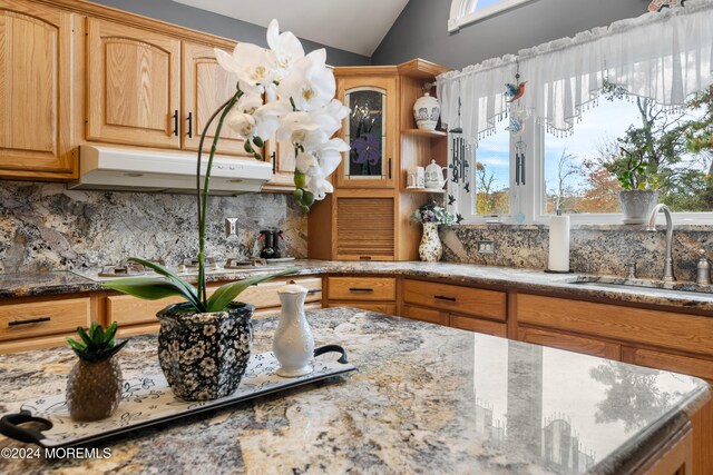 kitchen with light stone countertops, tasteful backsplash, vaulted ceiling, and plenty of natural light