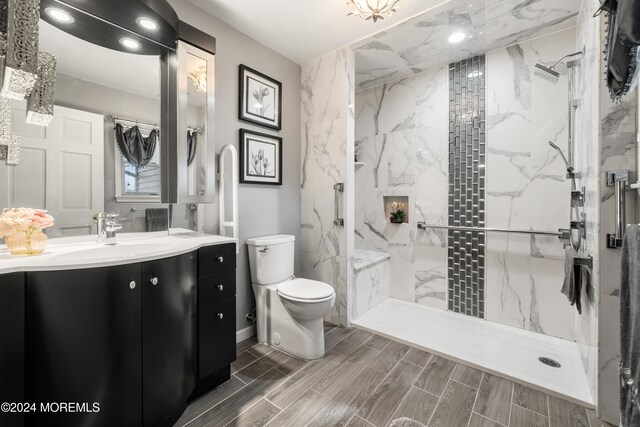 bathroom featuring tiled shower, vanity, and toilet