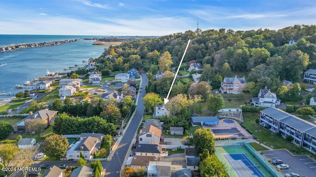 drone / aerial view featuring a water view