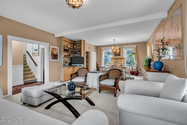 living room featuring light colored carpet, a notable chandelier, and beamed ceiling