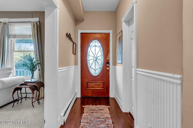 doorway to outside featuring a baseboard heating unit, dark hardwood / wood-style flooring, and a healthy amount of sunlight