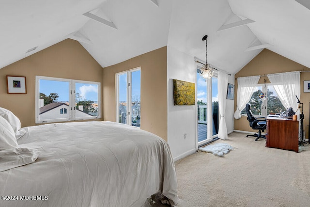 bedroom featuring light colored carpet, access to exterior, vaulted ceiling, and an inviting chandelier