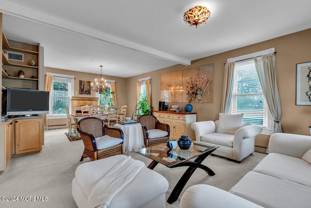 living room with light colored carpet, baseboard heating, beam ceiling, and a notable chandelier