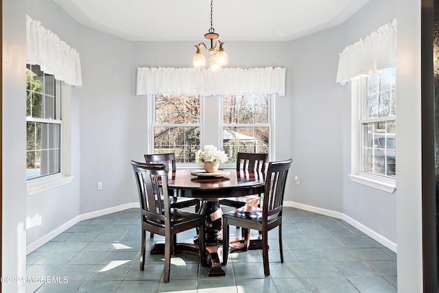 tiled dining space with a chandelier and plenty of natural light