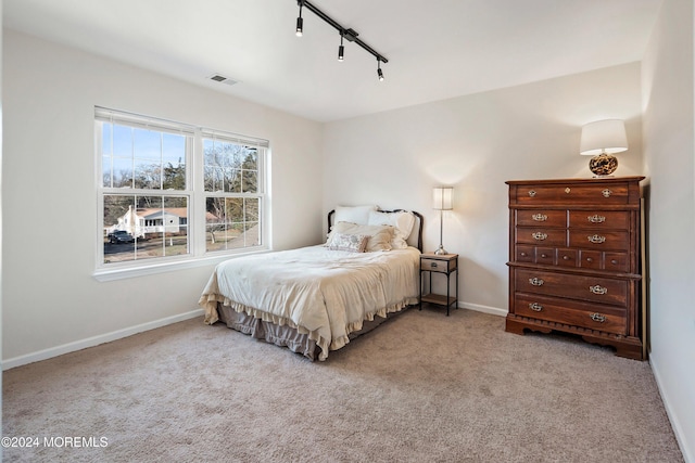 carpeted bedroom featuring track lighting