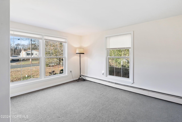 carpeted empty room featuring a baseboard radiator