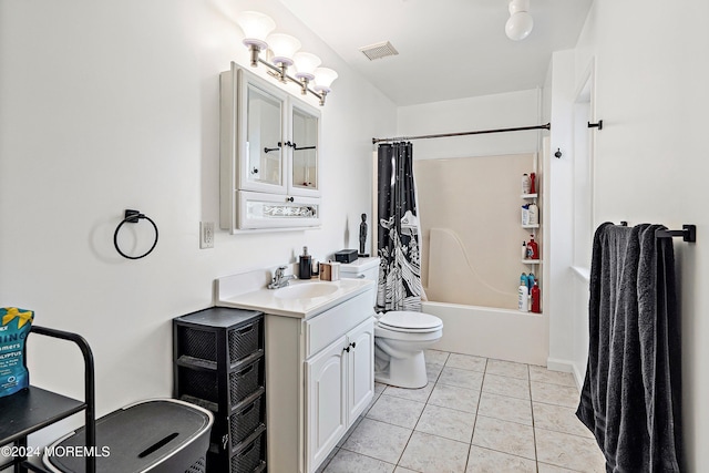 full bathroom featuring tile patterned floors, vanity, shower / bathtub combination with curtain, and toilet