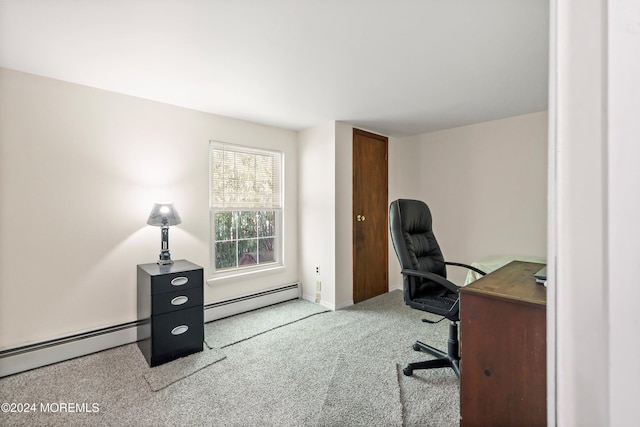 office area featuring baseboard heating and carpet flooring