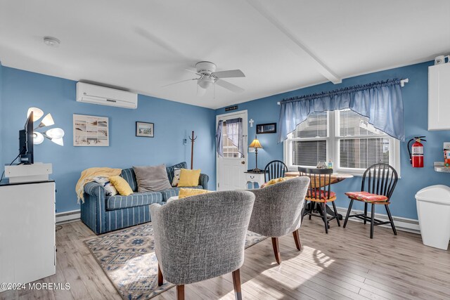 228 Hancock Ave, Seaside Heights, NJ 08751 - living area featuring a baseboard radiator, a wall unit AC, ceiling fan, wood finished floors, and baseboards