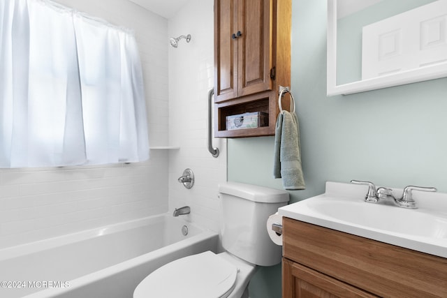 full bathroom with shower / bathtub combination with curtain, vanity, and toilet