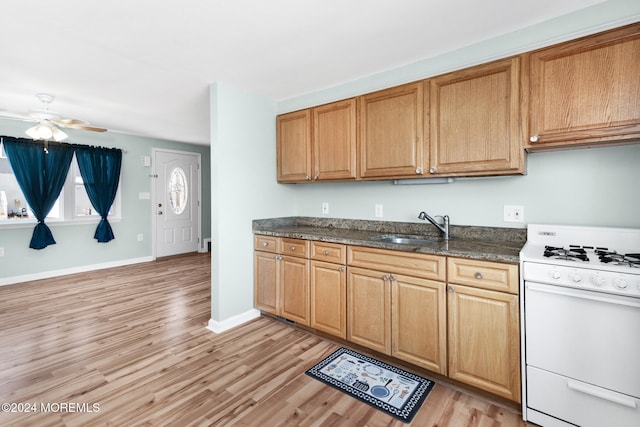 kitchen featuring light hardwood / wood-style floors, ceiling fan, gas range gas stove, and sink