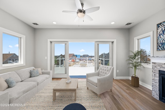 living room featuring a fireplace, light wood-type flooring, and a healthy amount of sunlight