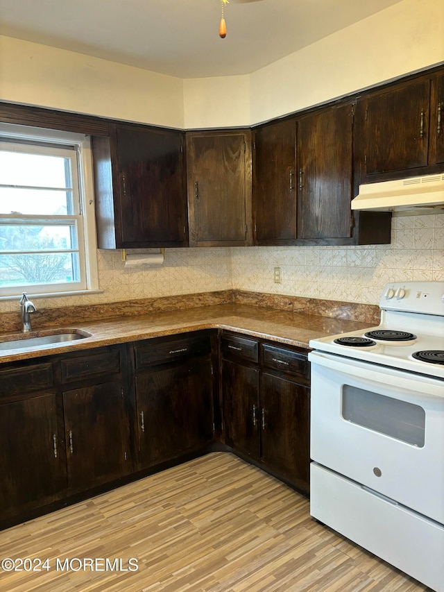 kitchen featuring dark brown cabinets, electric range, light hardwood / wood-style flooring, and sink