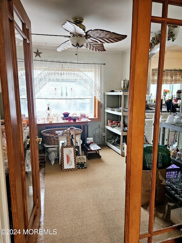 interior space with carpet flooring and ceiling fan