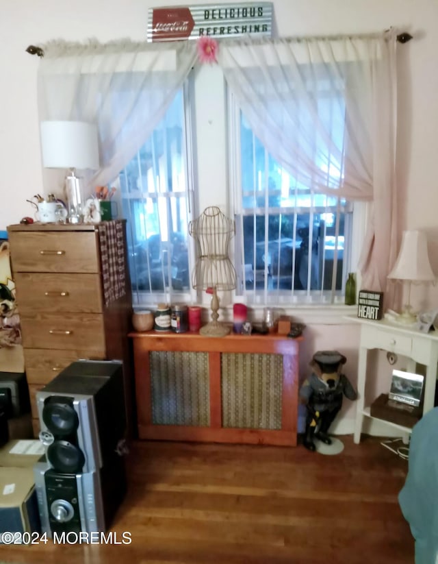 sitting room with hardwood / wood-style flooring and radiator heating unit