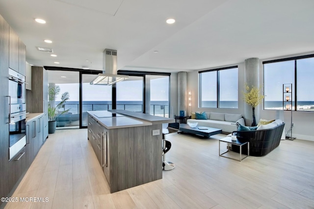 kitchen with light hardwood / wood-style flooring, a kitchen breakfast bar, a water view, ventilation hood, and a kitchen island