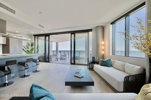 living room featuring light wood-type flooring and a water view