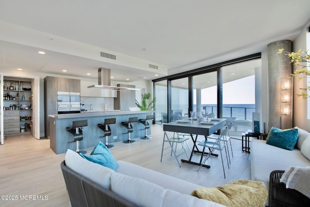 living room featuring light hardwood / wood-style floors, expansive windows, and a water view