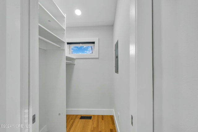 walk in closet with electric panel and wood-type flooring